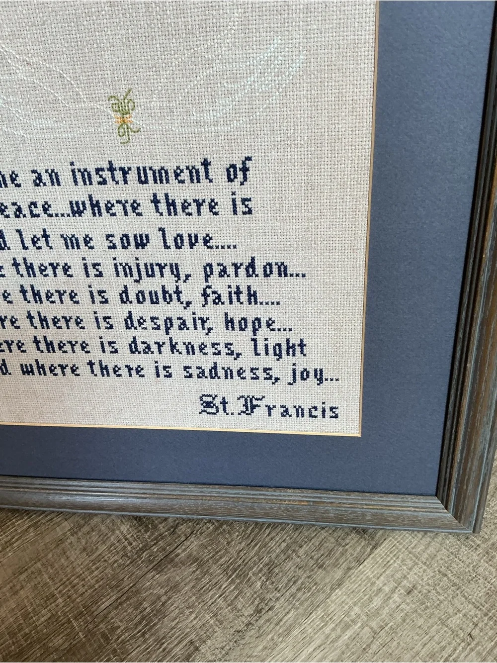 St. Francis Prayer Cross-Stitch Wall Art in Blue and Cream